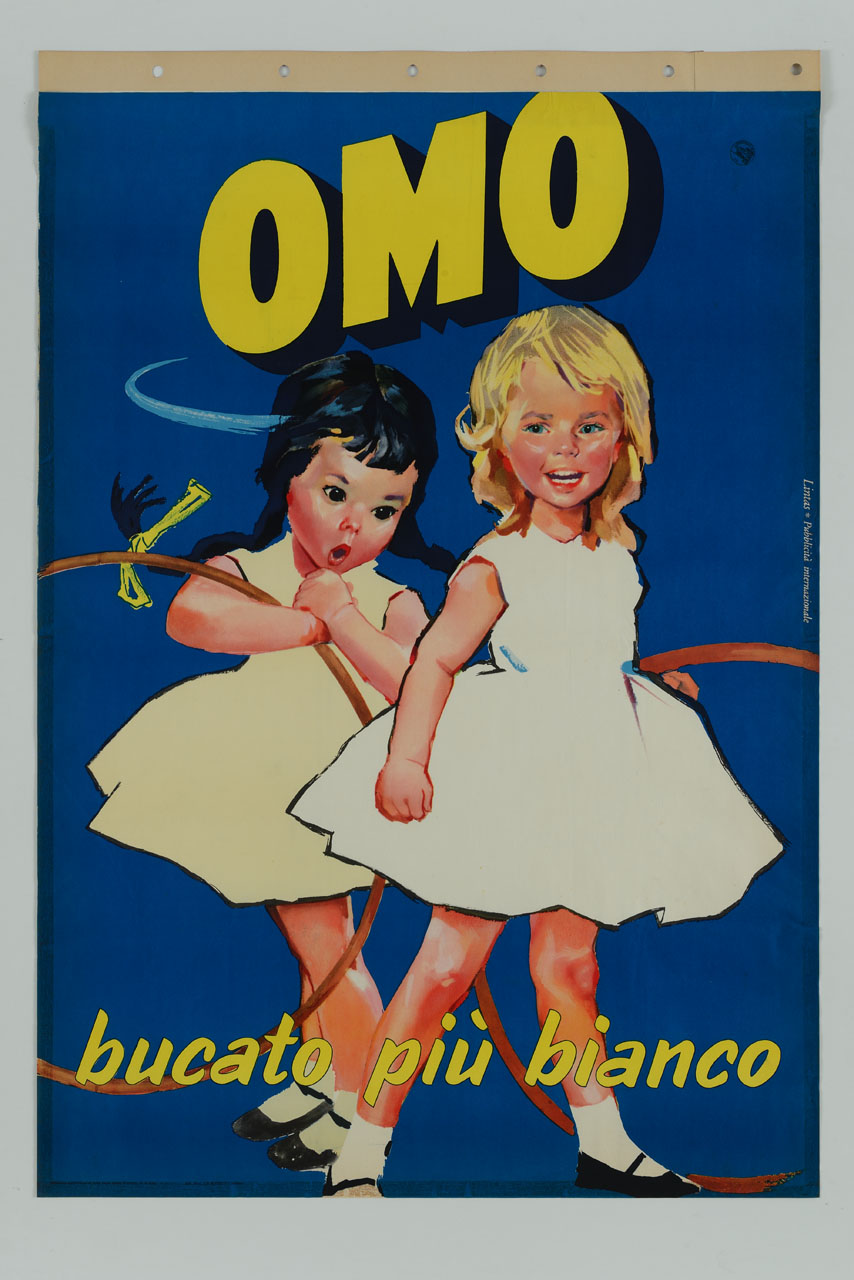 due bambine, con abiti uno più bianco dell'altro e due hula hoop (manifesto) - ambito italiano (sec. XX)