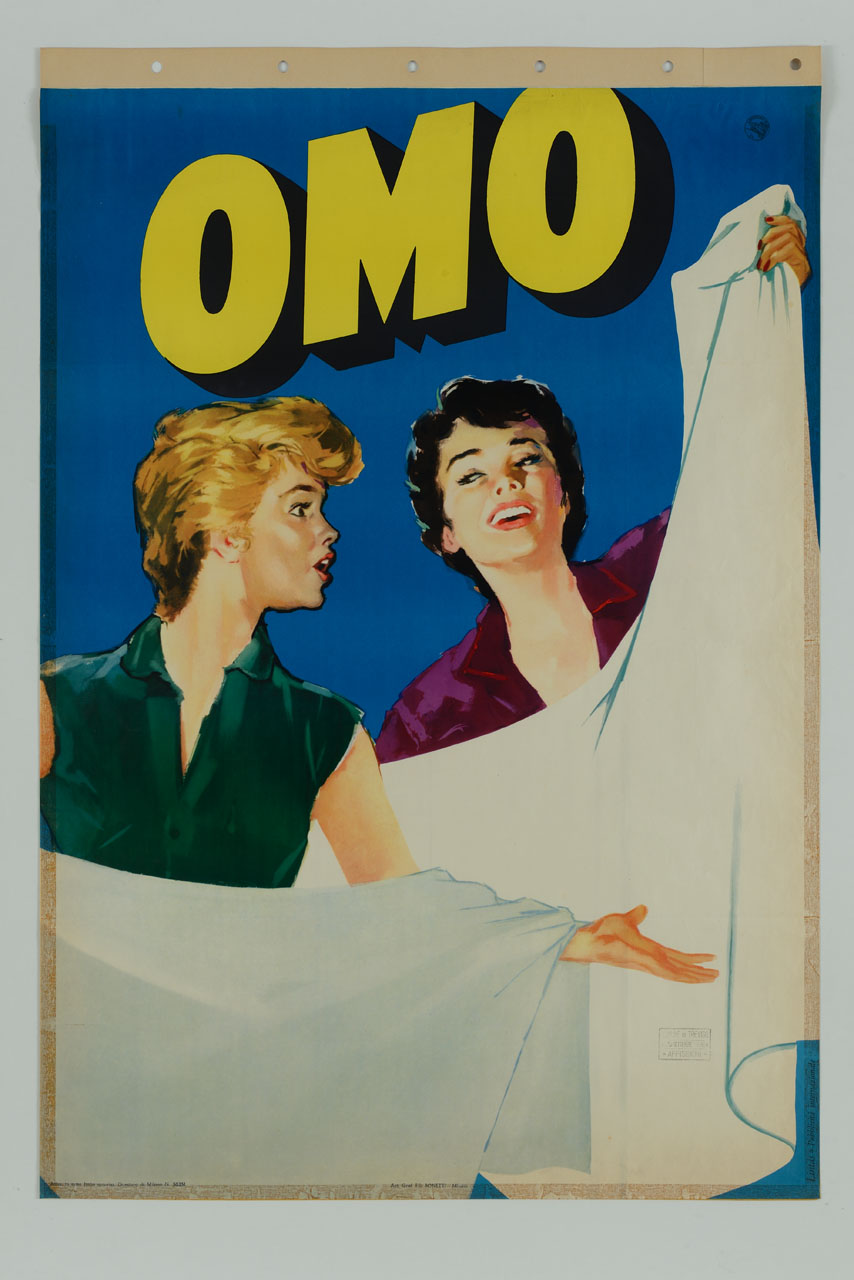 due donne che mostrano delle lenzuola, di cui una più bianca dell'altra (manifesto) - ambito italiano (sec. XX)