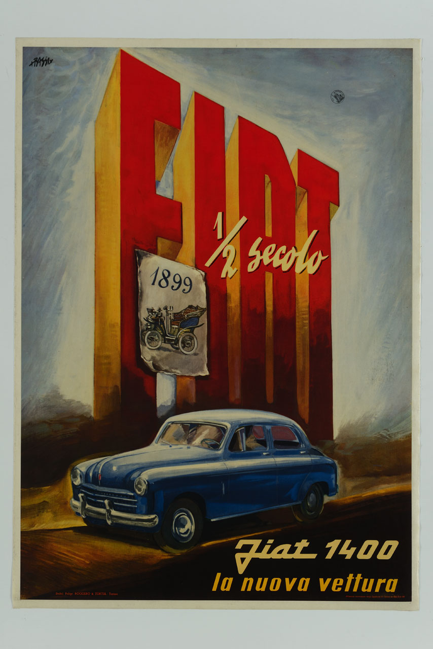 la Fiat 1400 alla base della scritta FIAT a caratteri cubitali, sulla quale è affisso un manifesto con la prima automobile Fiat 3/12hp prodotta dal 1899 (manifesto) di Bassi Renzo (sec. XX)
