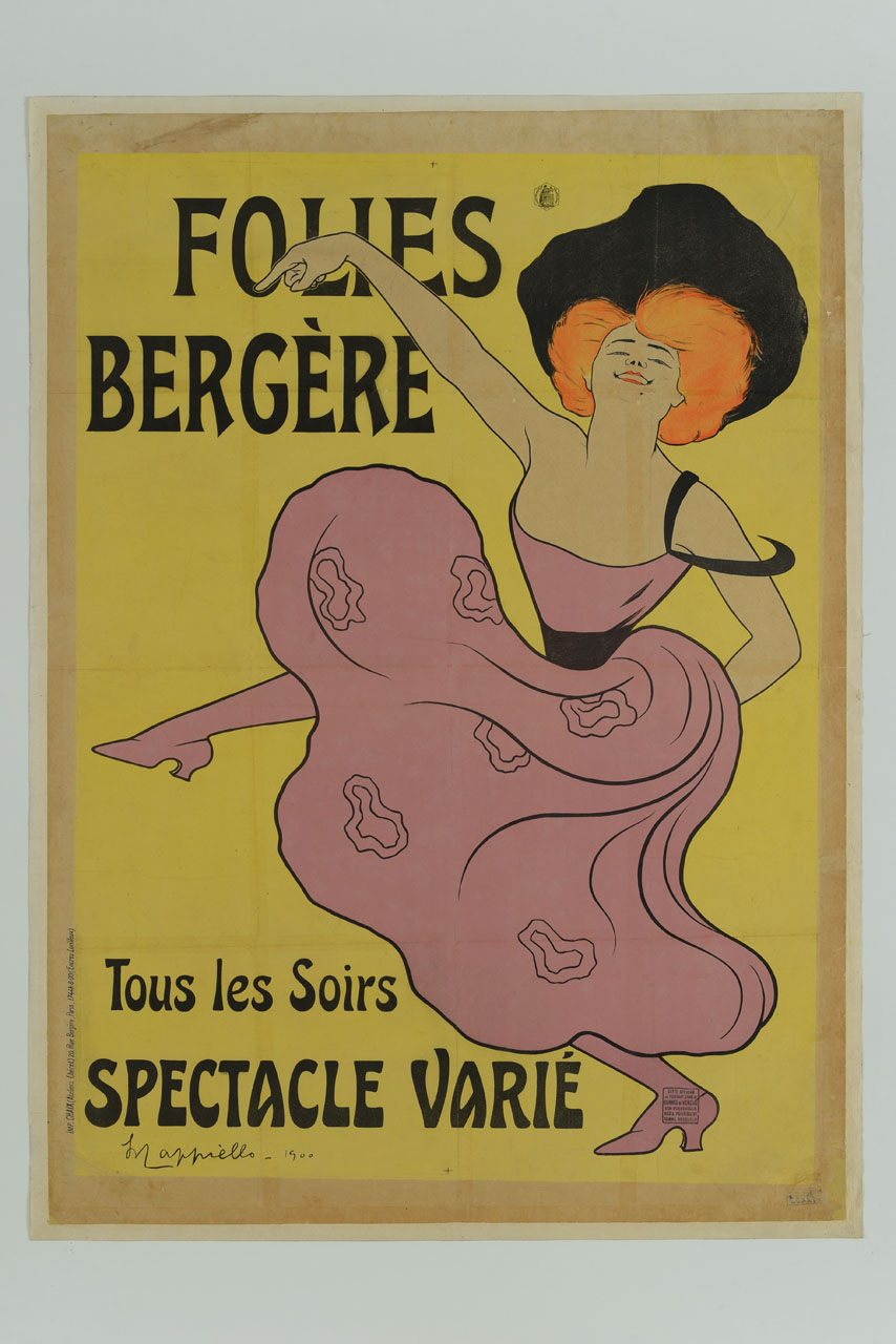 ballerina in abito rosa indica con la mano destra la scritta del teatro parigino Folies Bergère (manifesto) di Cappiello Leonetto (sec. XX)
