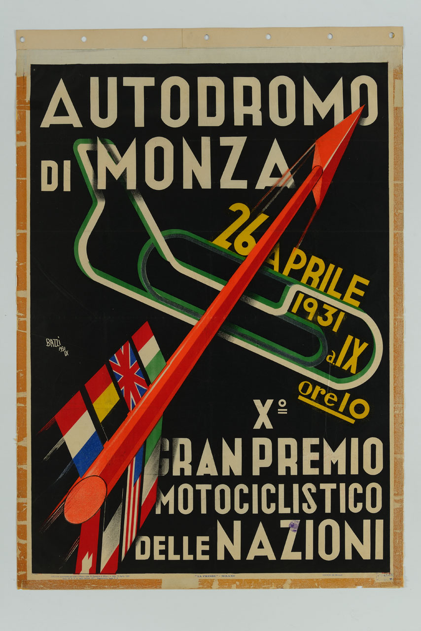 freccia con impennaggio composto da bandiere internazionali che punta sul tracciato del circuito di Monza (manifesto) di Bazzi Mario (sec. XX)