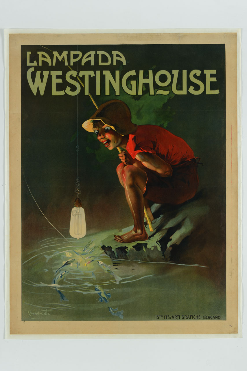 fanciullo che pesca in notturna, con canna da pesca e lampadina elettrica come lenza (manifesto) di Codognato Plinio (sec. XX)