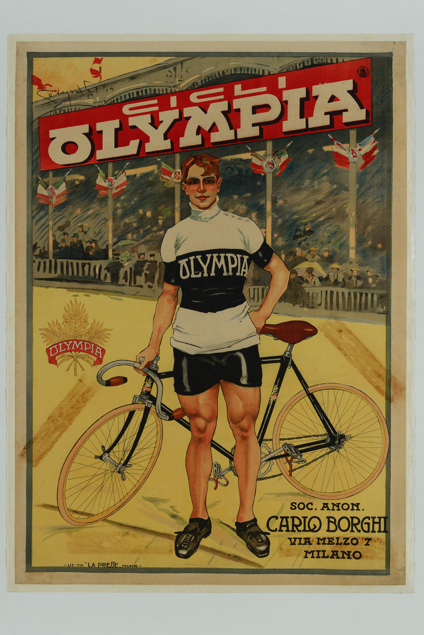 ciclista con una bicicletta Olympia in un velodromo gremito di persone (manifesto) di Codognato Plinio (sec. XX)