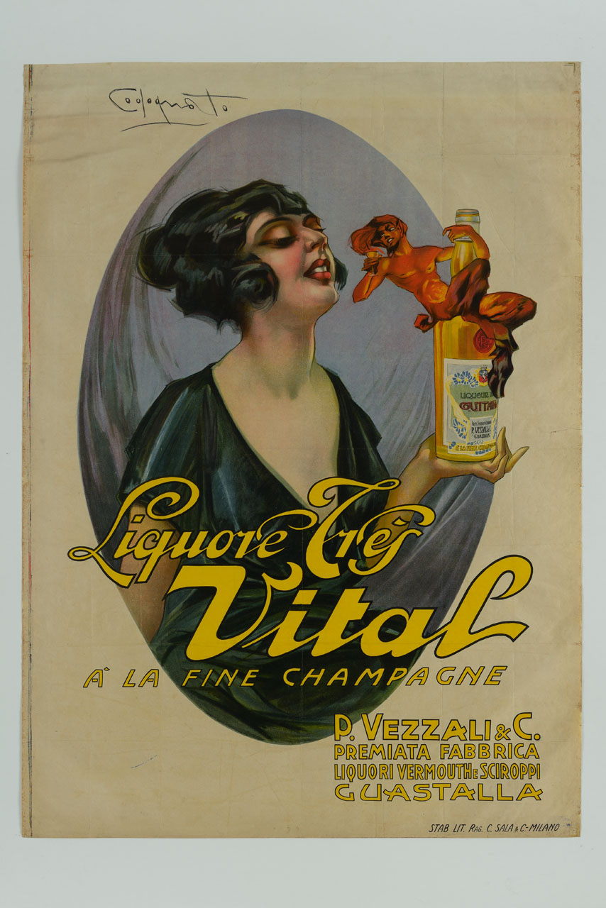 figura femminile che ammicca ad un fauno aggrappato ad una bottiglia di liquore (manifesto) di Codognato Plinio (sec. XX)