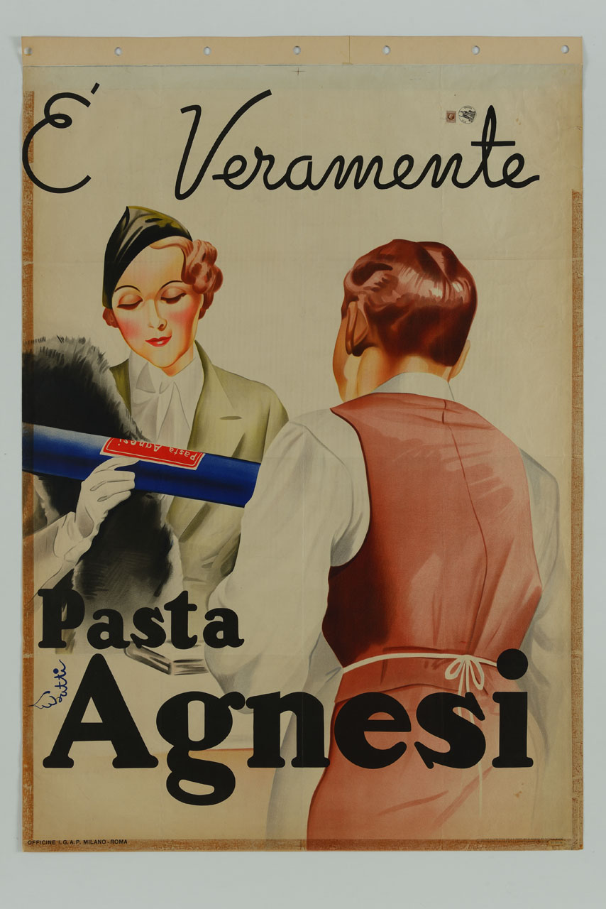 figura femminile con confezione di pasta in mano e droghiere di spalle (manifesto) di Lubatti Domenico (sec. XX)