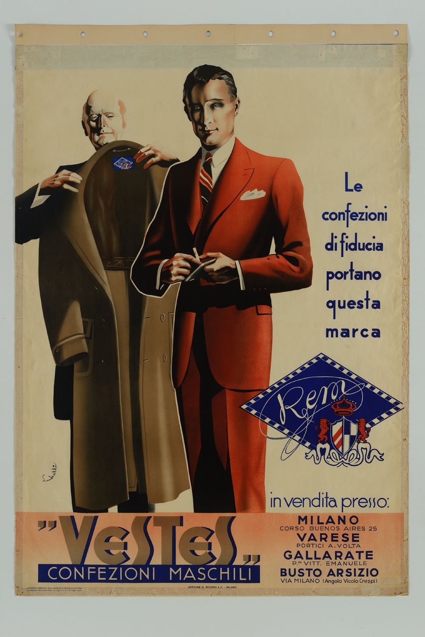 uomo in abito elegante che sta per indossare un paltò (manifesto) di Lubatti Domenico (sec. XX)