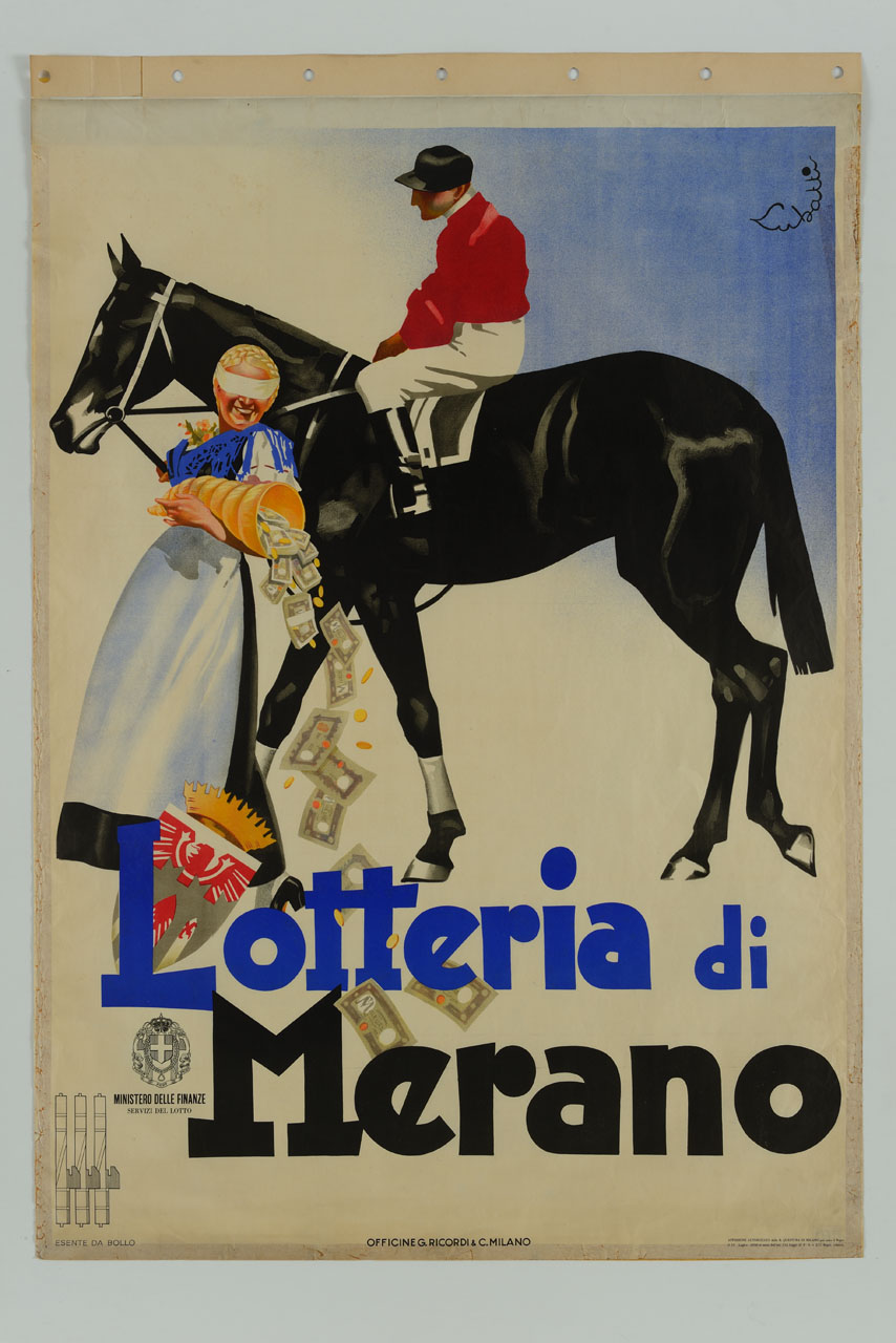 cavallo, fantino e figura femminile bendata con cornucopia in mano da cui escono banconote e monete (manifesto) di Lubatti Domenico (sec. XX)