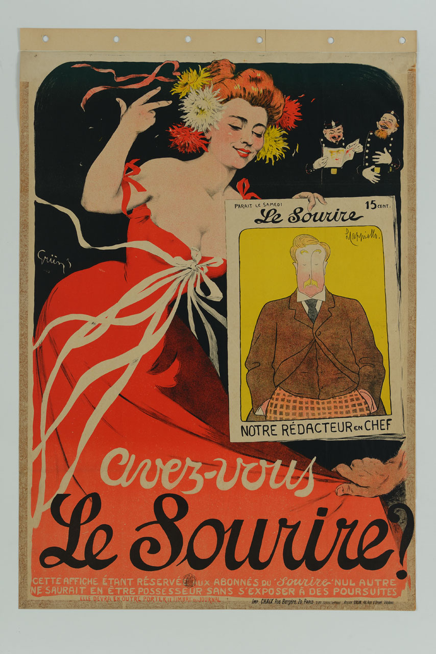 una mano maschile tira l'abito rosso di una donna che tiene in mano un numero del giornale umoristico Le Sourire, con la caricatura, opera di Cappiello, del capo redattore Alphonse Allais; in alto due guardie ridono a crepapelle (manifesto) di Grun Jules (sec. XX)