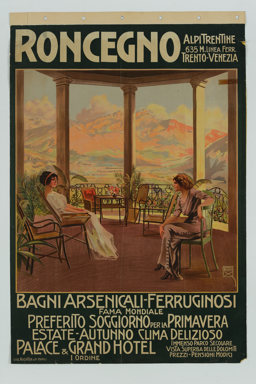 figure femminili su una terrazza difronte alle Dolomiti (manifesto) di Ximenes Elio Ettore (sec. XX)