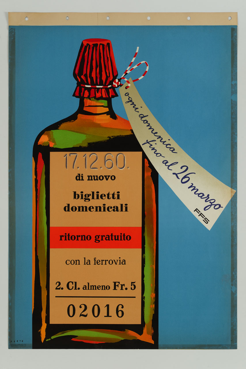 una bottiglia di liquore di vetro pubblicizza sull'etichetta il ritorno gratuito la domenica acquistando i biglietti delle ferrovie FFS (manifesto) di Barth Ruodi (sec. XX)
