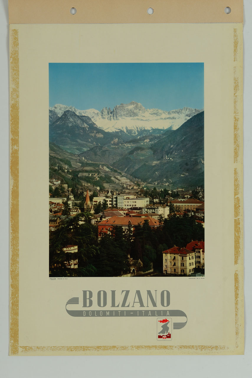 veduta di Bolzano e del gruppo montuoso del Catinaccio (manifesto) - ambito italiano (sec. XX)