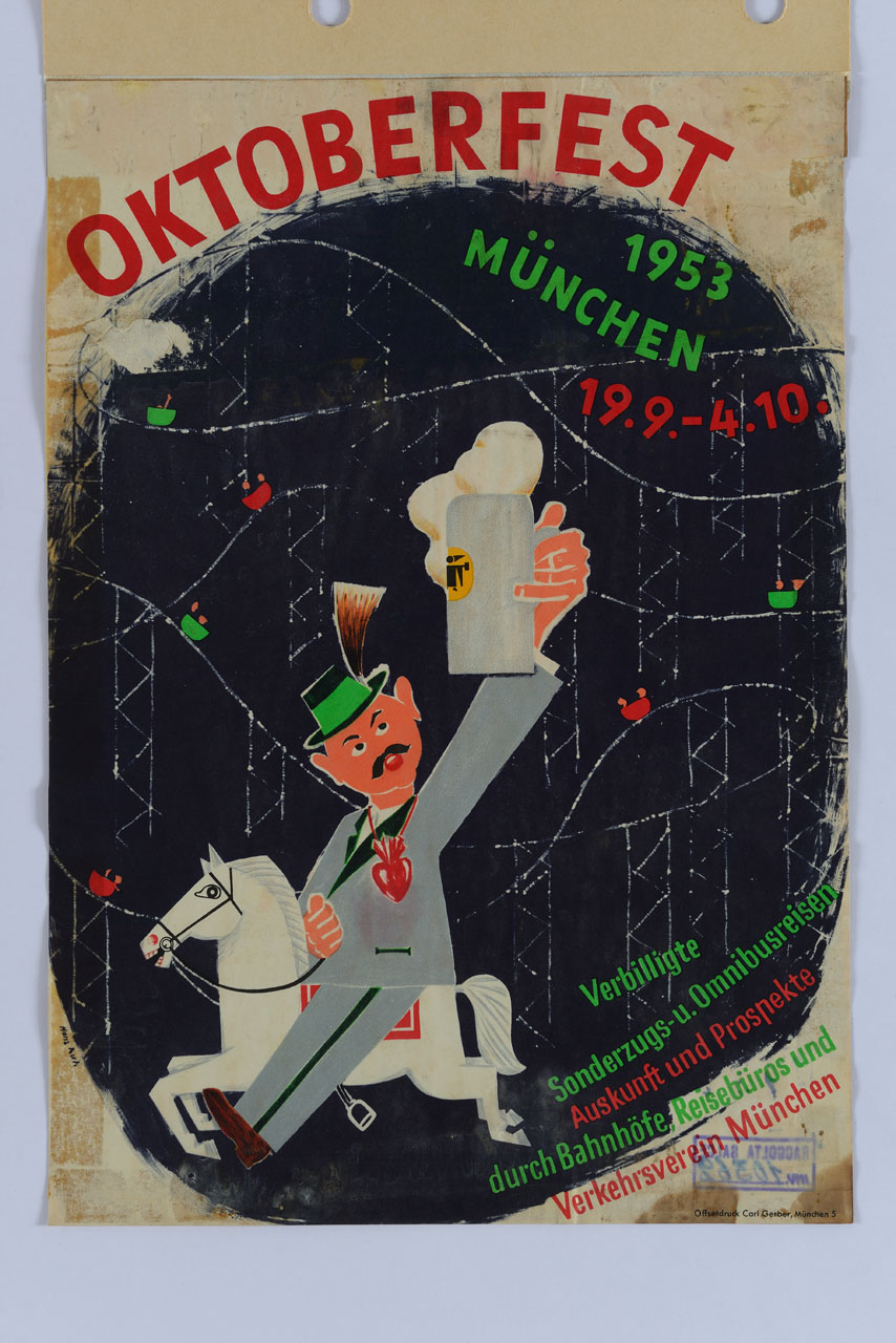 uomo su cavallo con in mano grande boccale di birra (manifesto) di Hans Kuh - ambito tedesco (sec. XX)