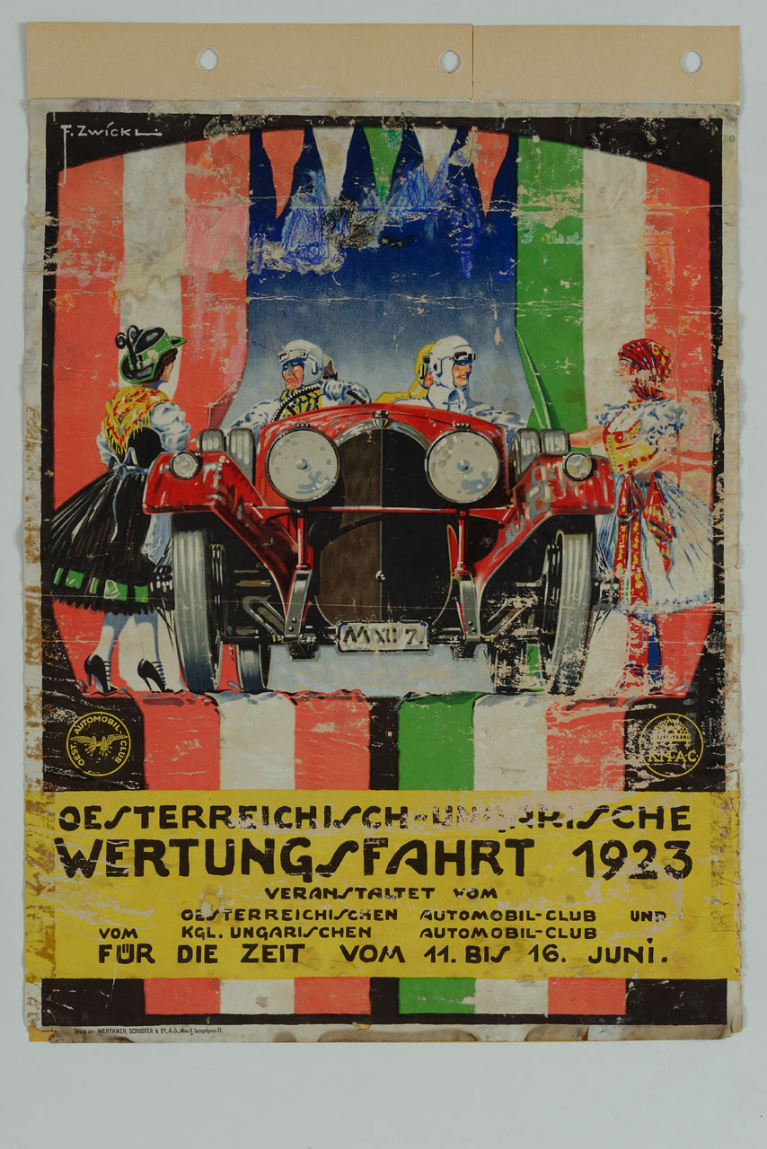 quattro automobilisti su auto d'epoca vengono accolti da due ragazze con costumi folcloristici (manifesto) di F. Zwíckli - ambito tedesco (sec. XX)