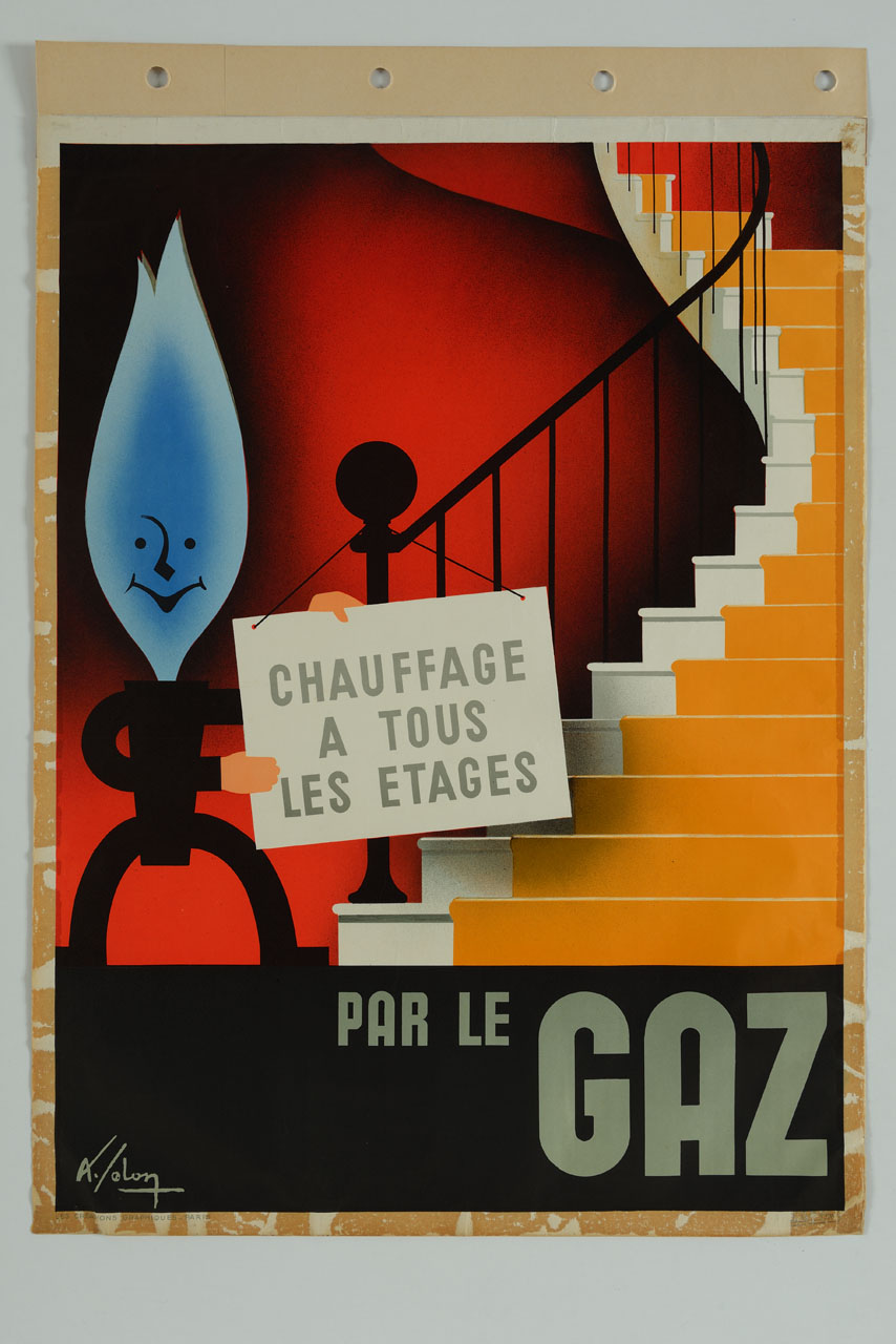 una fiammella mostra un cartello appeso alla ringhiera di una scala (manifesto) di Solon A - ambito francese (sec. XX)