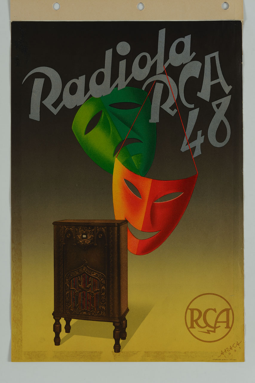 maschere colorate con apparecchio radiofonico (manifesto) di Forlivesi Montanari Enzo detto Araca (sec. XX)