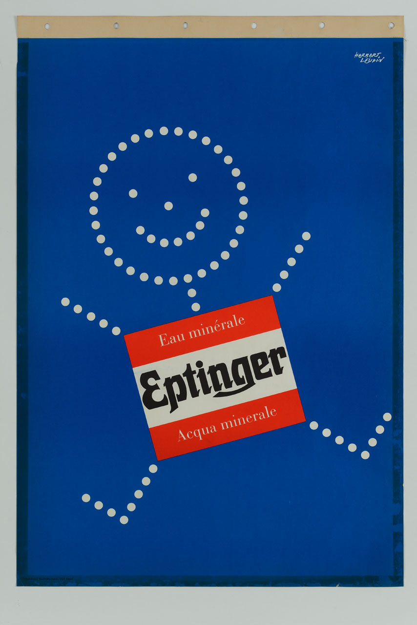 dall'etichetta dell'acqua Eptinger escono alcune bollicine che formano un omino stilizzato (manifesto) di Leupin Herbert (sec. XX)