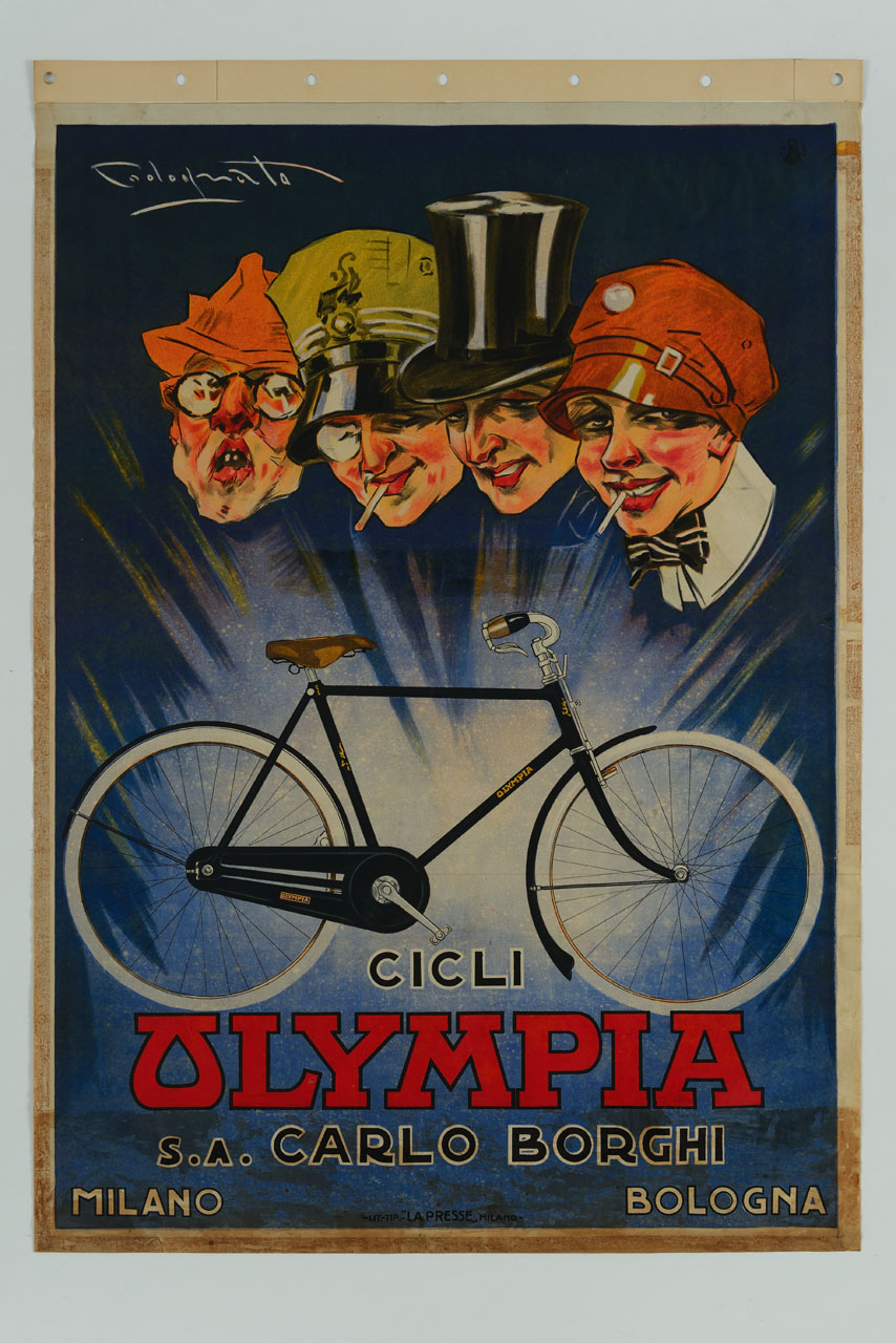 quattro volti maschili che ammirano una bicicletta Olympia (manifesto) di Codognato Plinio (sec. XX)