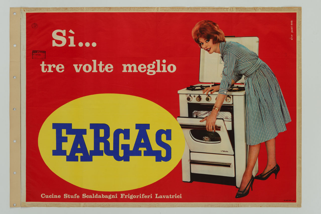 figura femminile che mostra una cucina economica a gas (manifesto) - ambito italiano (sec. XX)