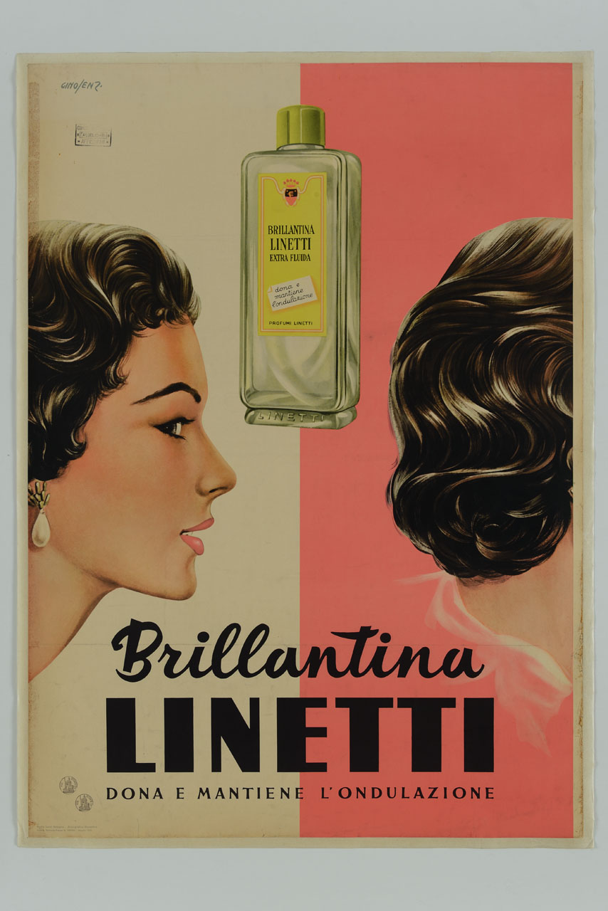 volto femminile di profilo e chioma bruna, con boccetta di brillantina al centro (manifesto) di Lenzi Gino (sec. XX)