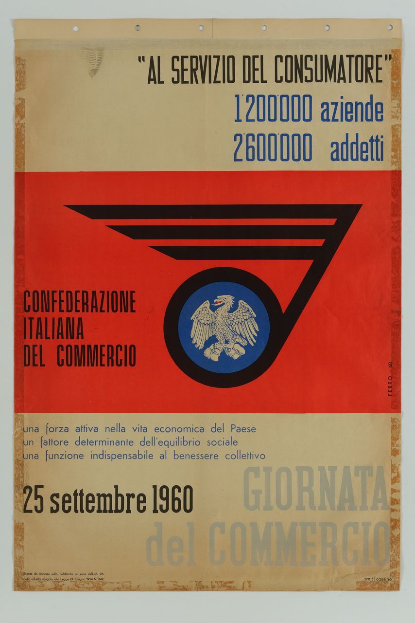 aquila su fondo blu, logo di Confcommercio, all'interno di un tondo, parte terminante di un simbolo (manifesto) di Ferro A (sec. XX)