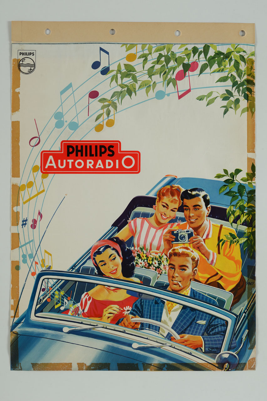 due giovani coppie in auto ascoltano autoradio (manifesto) di Pot - ambito olandese (XX)