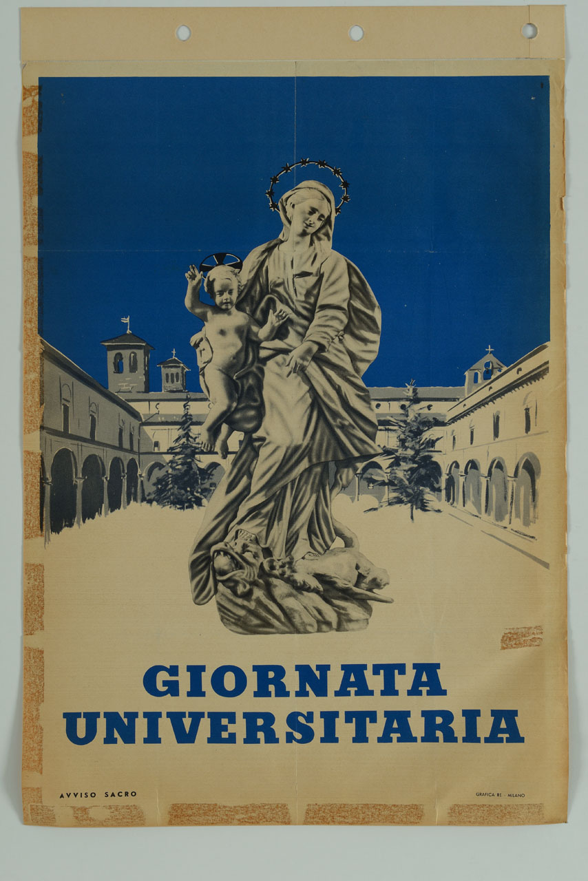 statua della vergine Immacolata con Bambino e vista del chiostro dell'Università Cattolica del S. Cuore di Milano (manifesto) - ambito milanese (sec. XX)