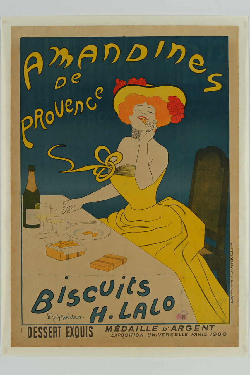 figura femminile in abbigliamento Belle époque che seduta ad una tavola assaggia un biscotto (manifesto) di Cappiello Leonetto (sec. XX)