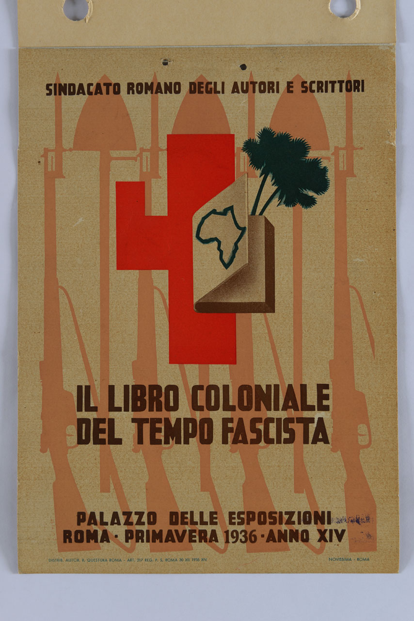 libro con l'Africa sulla copertina e albero che spunta tra le pagine; sullo sfondo fascio littorio e fucili (manifesto) - ambito italiano (sec. XX)