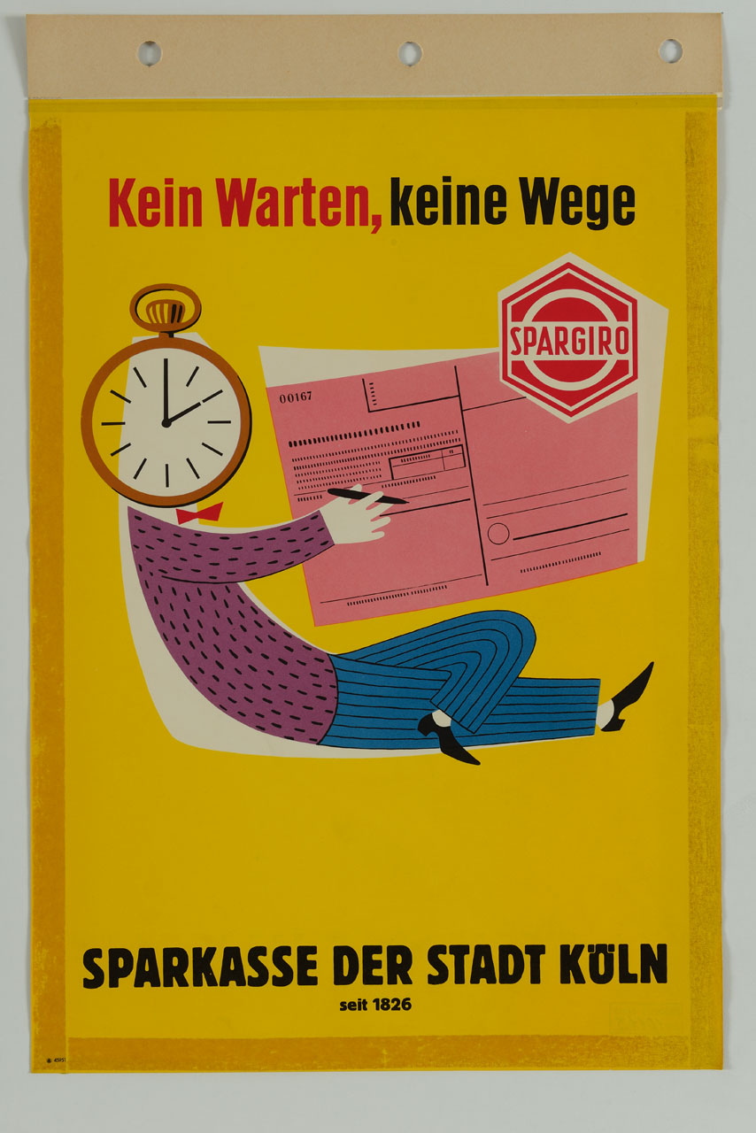 uomo con orologio al posto della testa scrive su modulo bancario (manifesto) - ambito tedesco (sec. XX)