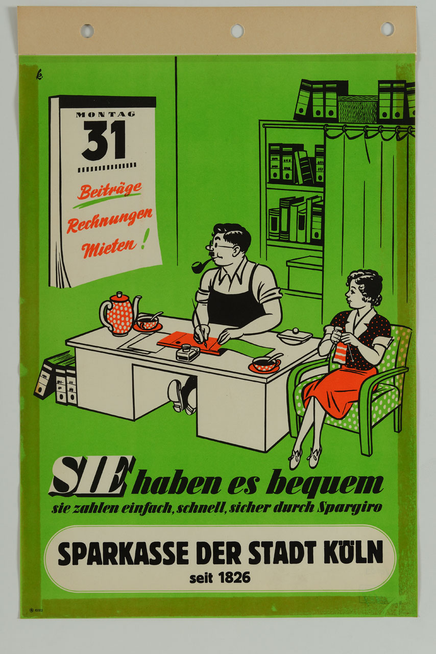 ufficio con uomo seduto a scrivania che scrive osservando calendario e donna seduta di fianco lavora ai ferri (manifesto) - ambito tedesco (sec. XX)