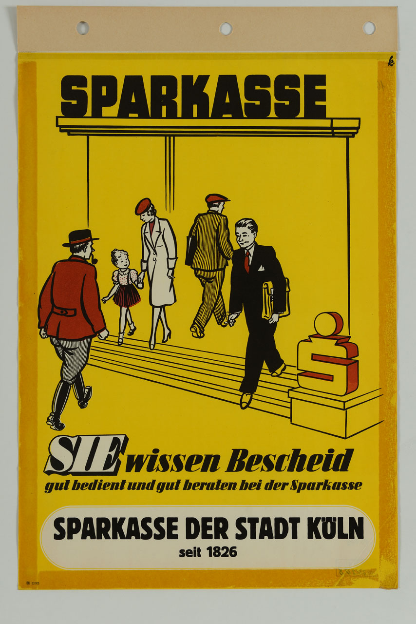 ingresso di ufficio bancario con clienti che entrano ed escono (manifesto) - ambito tedesco (sec. XX)
