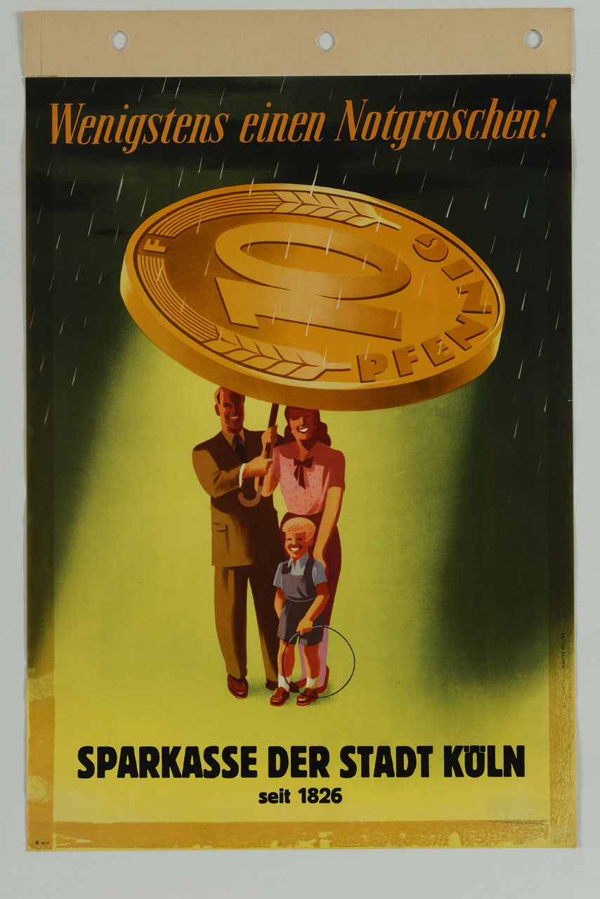 coppia con bambino si ripara dalla pioggia sotto grande moneta tedesca (manifesto) di Muller Walter Emil (sec. XX)