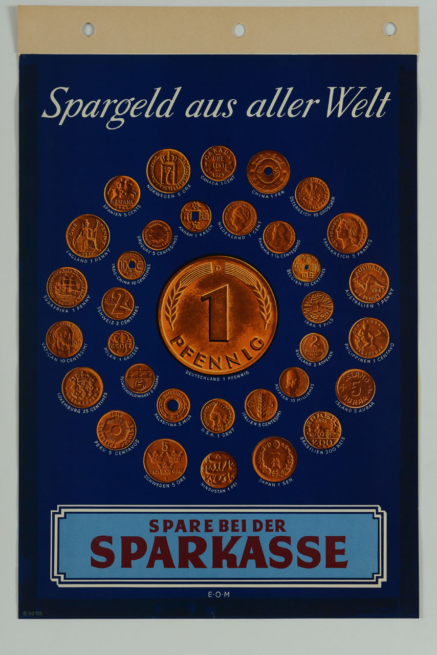 grande moneta da 1 Pfennig circondata da monete di diversi paesi del mondo (manifesto) - ambito tedesco (sec. XX)