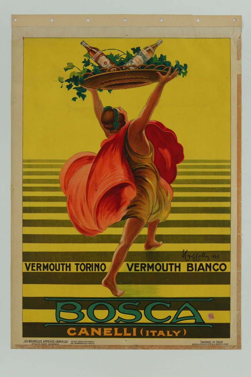 figura femminile con peplo che solleva una cesta con foglie di vite e bottiglie di vermouth (manifesto) di Cappiello Leonetto (sec. XX)