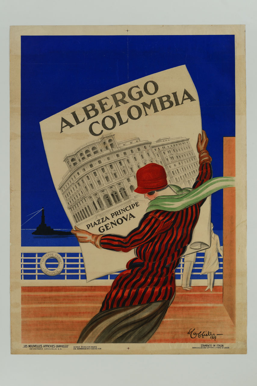 figura femminile sul ponte di un transatlantico che osserva un manifesto dell'albergo Colombia di Genova (manifesto) di Cappiello Leonetto (sec. XX)
