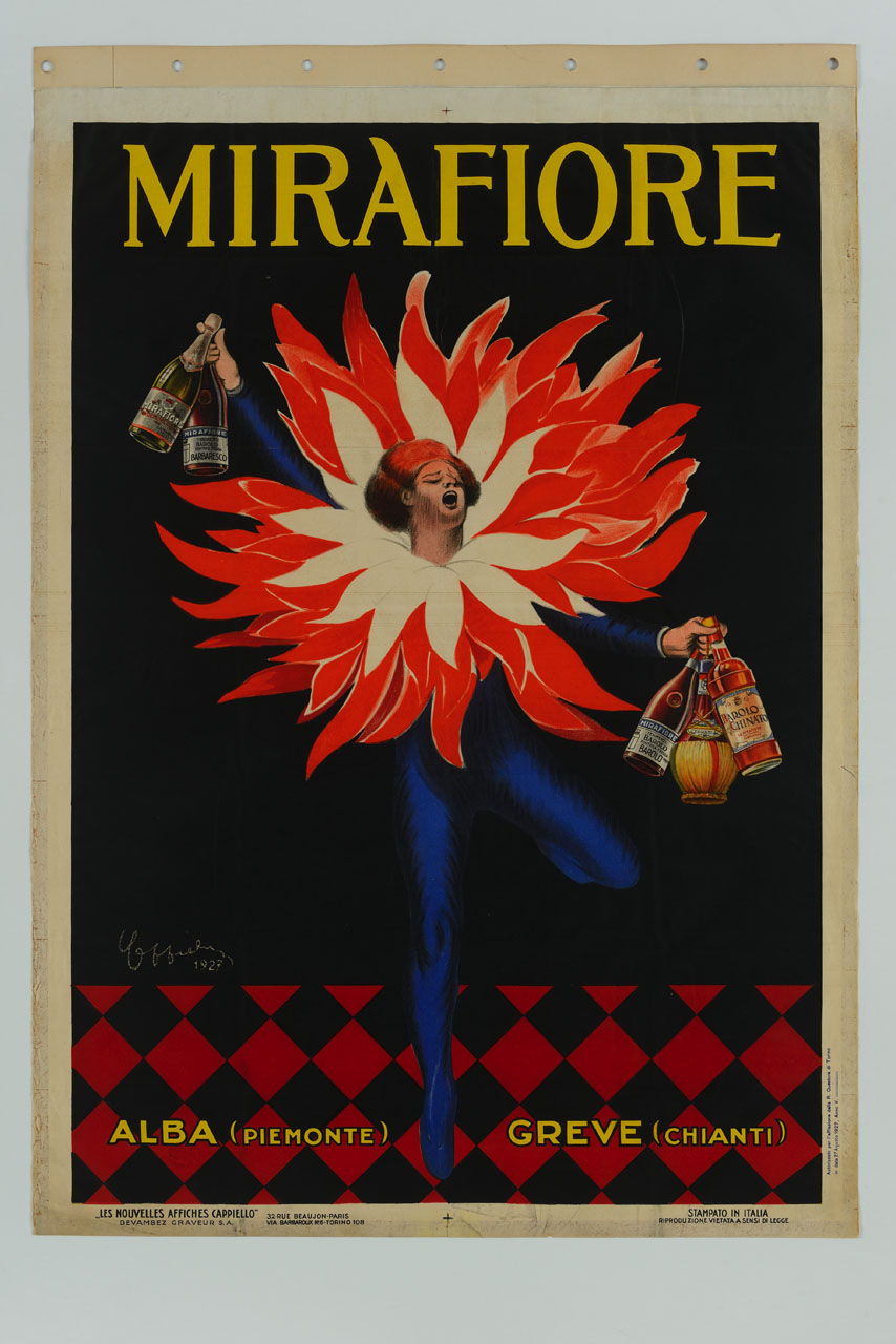 figura maschile con al collo un enorme bavero a foggia di fiore, bottiglie ed un fiasco nelle mani (manifesto) di Cappiello Leonetto (sec. XX)