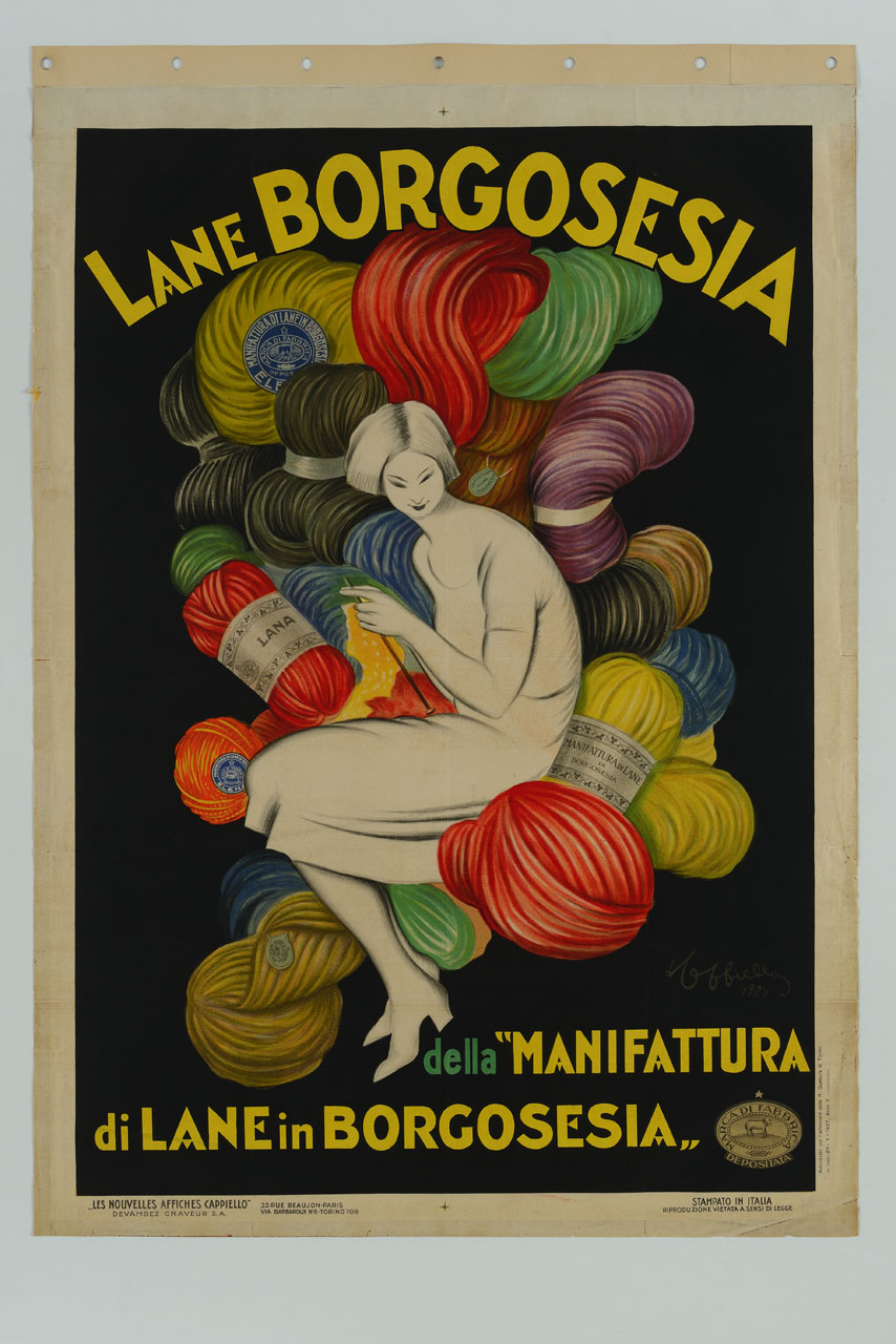 figura femminile intenta nel lavoro a maglia, seduta su gomitoli di lana variopinti (manifesto) di Cappiello Leonetto (sec. XX)