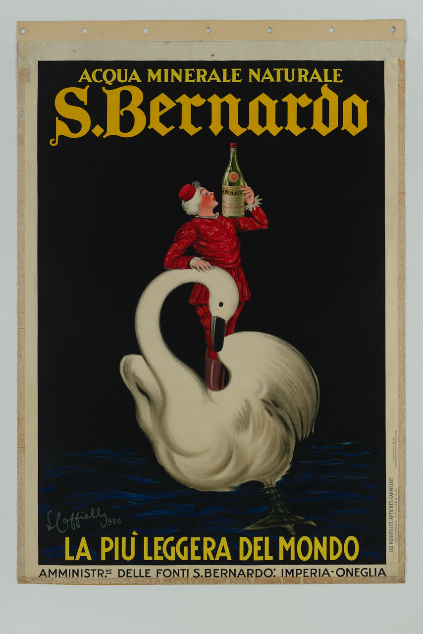 figura maschile che solleva una bottiglia di acqua minerale, in piedi sopra un cigno bianco (manifesto) di Cappiello Leonetto (sec. XX)