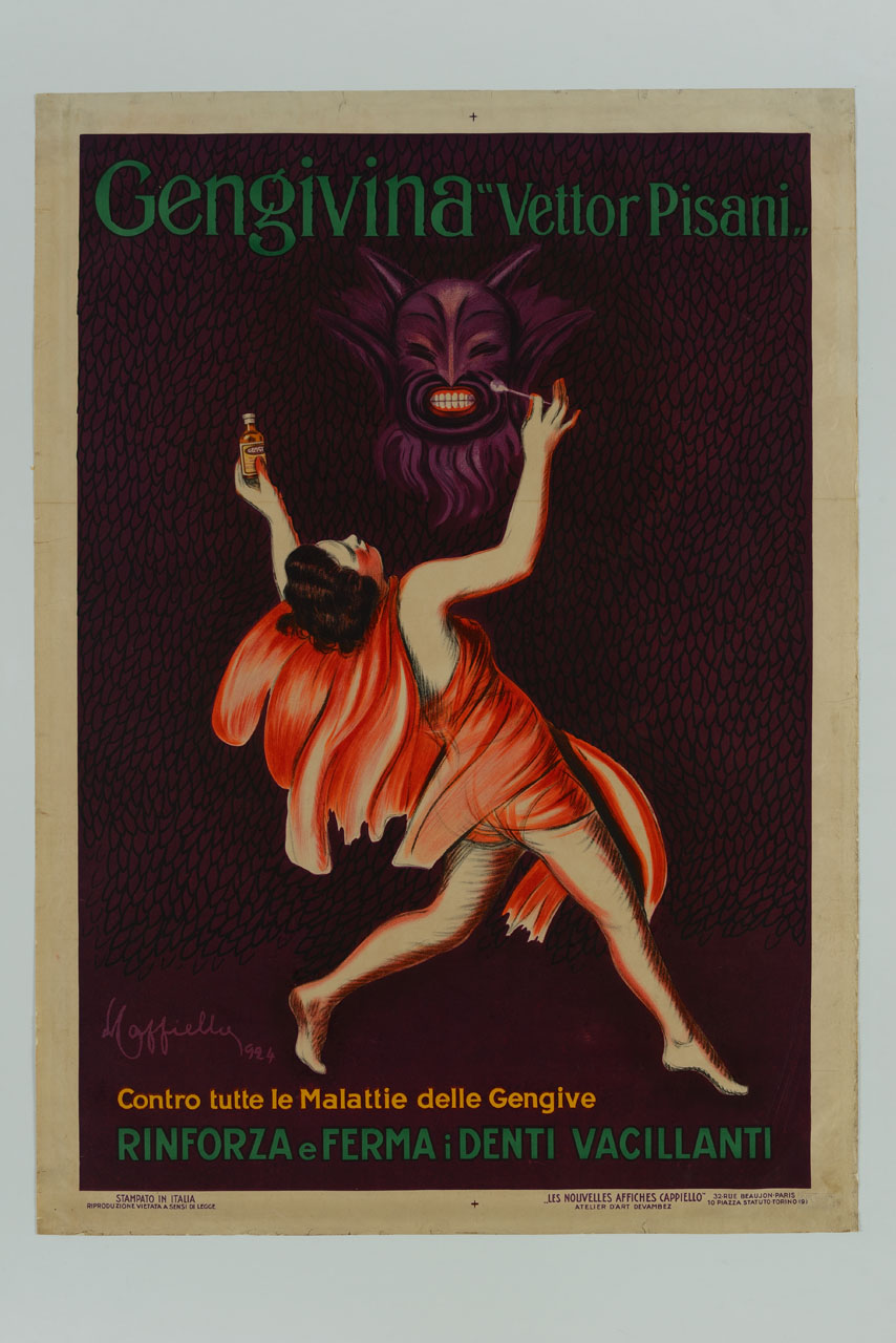 figura femminile che deterge con un unguento le gengive di una maschera luciferina (manifesto) di Cappiello Leonetto (sec. XX)
