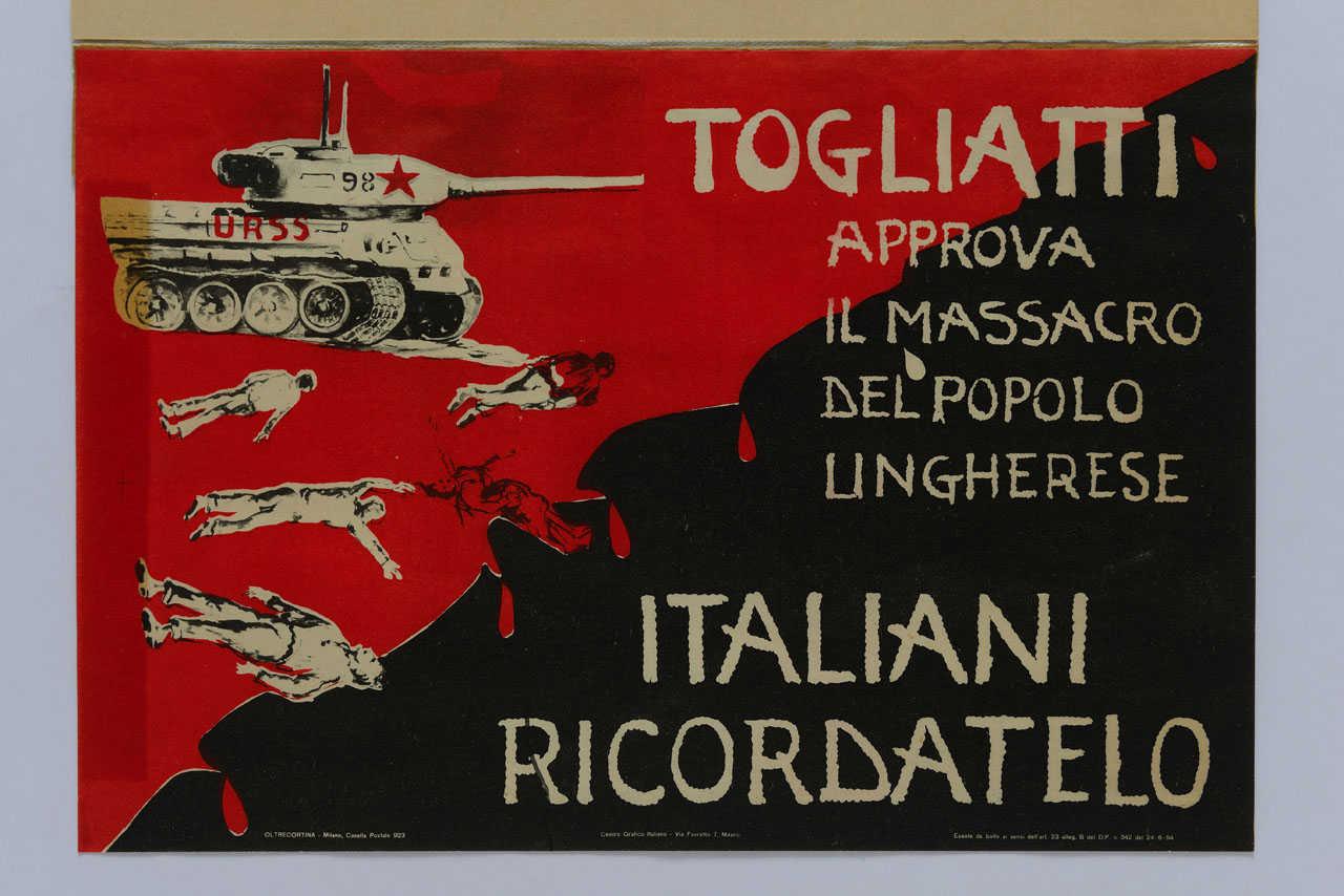 carro armato sovietico e cadaveri in una macchia di sangue (manifesto) - ambito italiano (sec. XX)