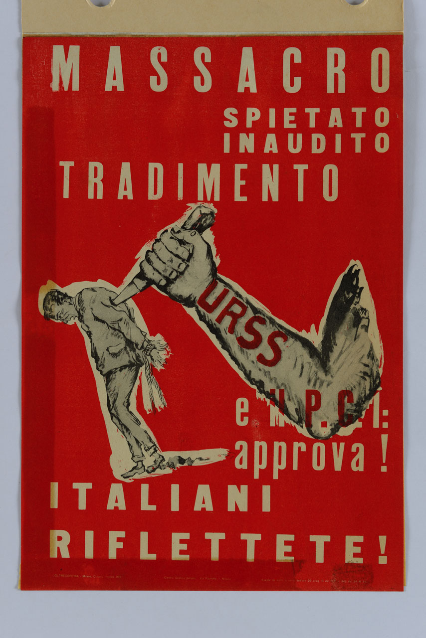 braccio armato di coltello colpisce mortalmente alla schiena un uomo con le mani legate alla schiena (manifesto) - ambito italiano (sec. XX)