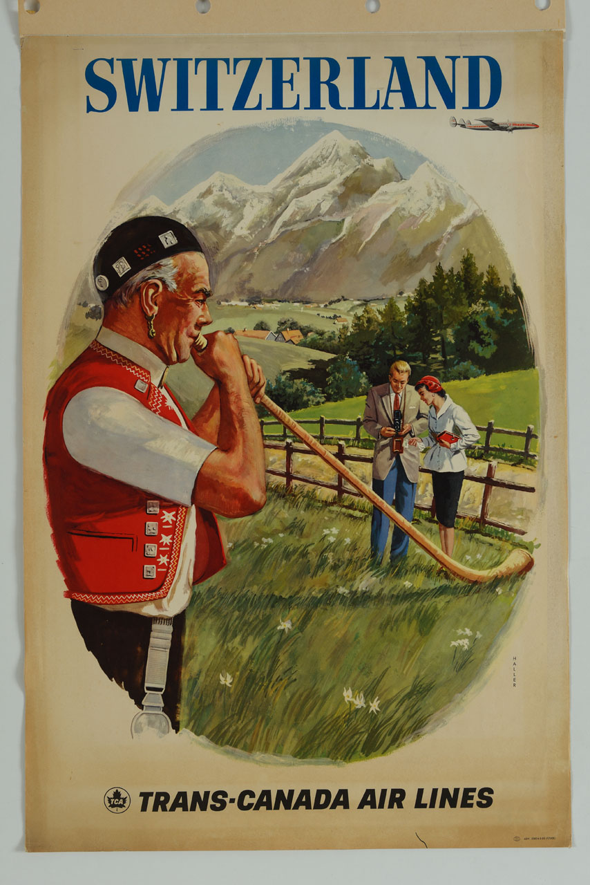uomo in costume tradizionale svizzero suona corno alpino davanti coppia di turisti; paesaggio alpino con montagne sul fondo (manifesto) di Haller Oswald (sec. XX)