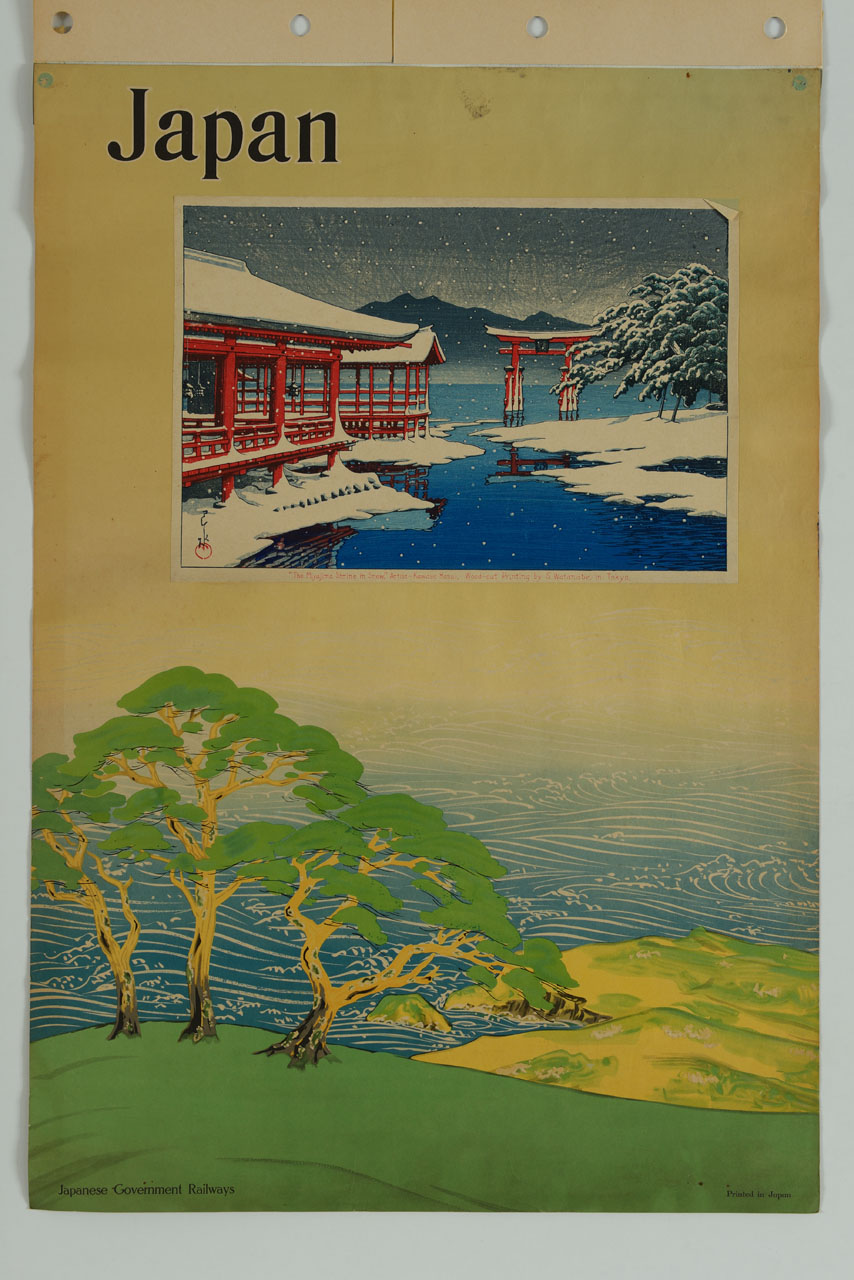 paesaggio giapponese con alberi, colline e mare; in alto riquadro con riproduzione di xilografia di Kawase Hasui raffigurante il santuario di Miyajima innevato (manifesto) - ambito giapponese (sec. XX)