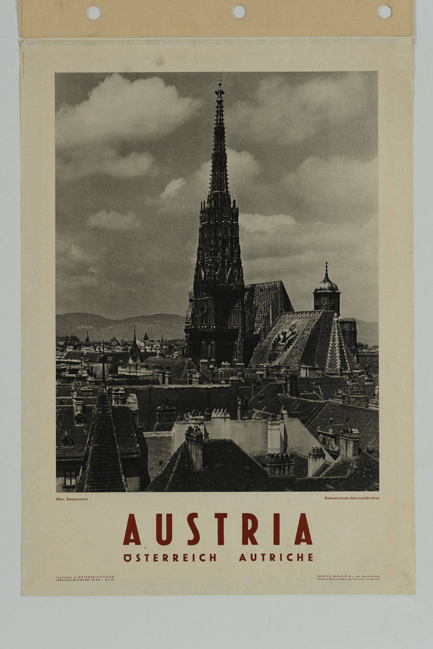 veduta dall'alto della città di Vienna con la cattedrale di Santo Stefano (manifesto) - ambito austriaco (sec. XX)