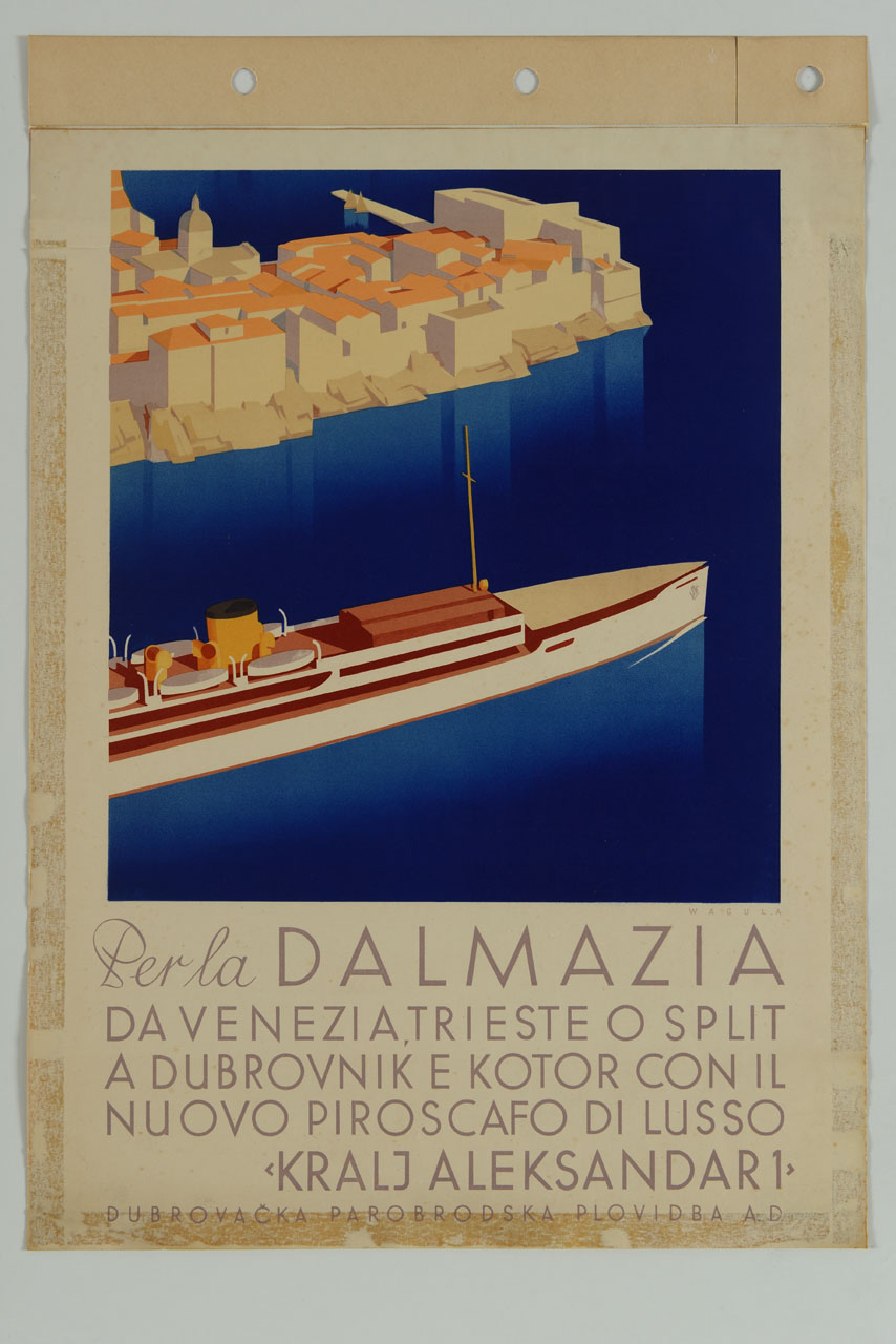 piroscafo in mare con vista di Dubrovnik (manifesto) di Wagula Hans (sec. XX)