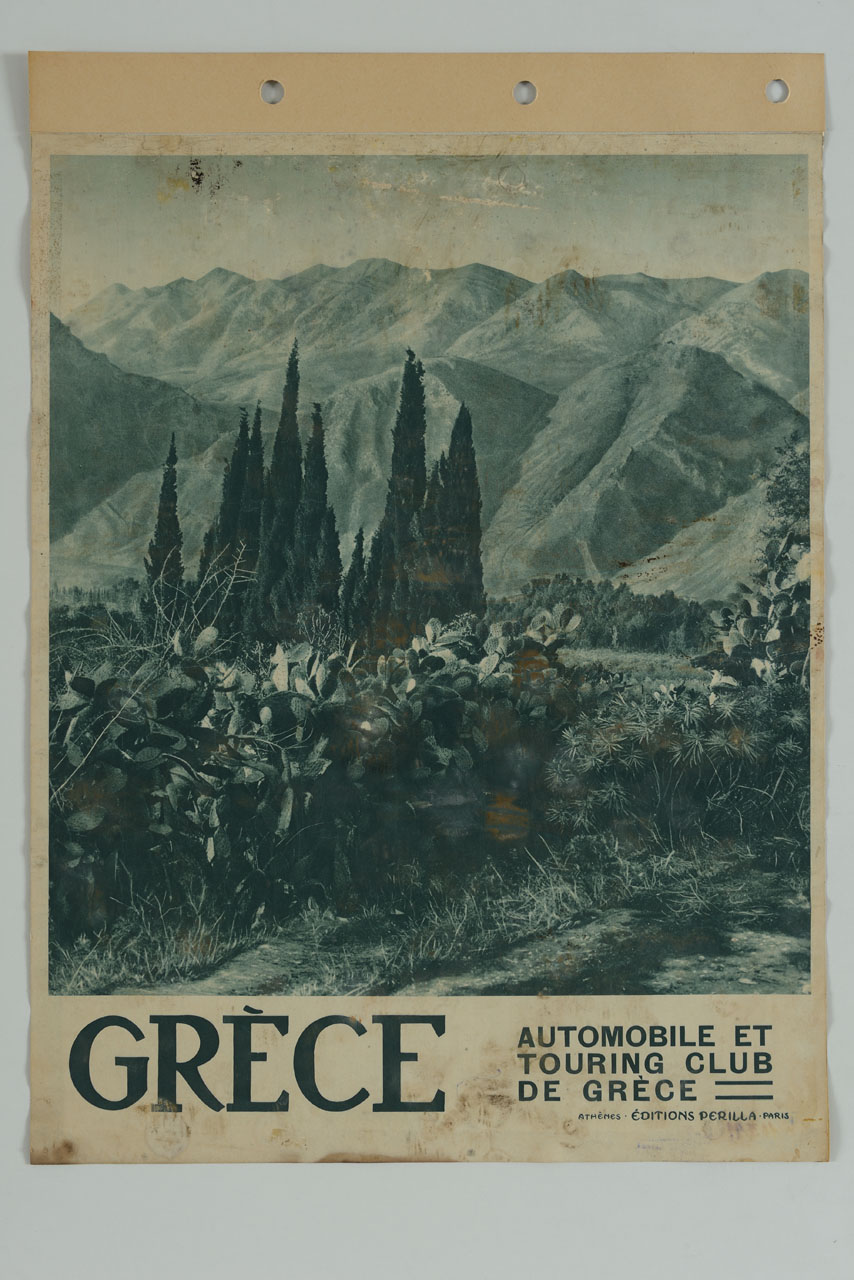 paesaggio greco con montagne, alberi e piante di fico d'india (manifesto) - ambito greco (sec. XX)