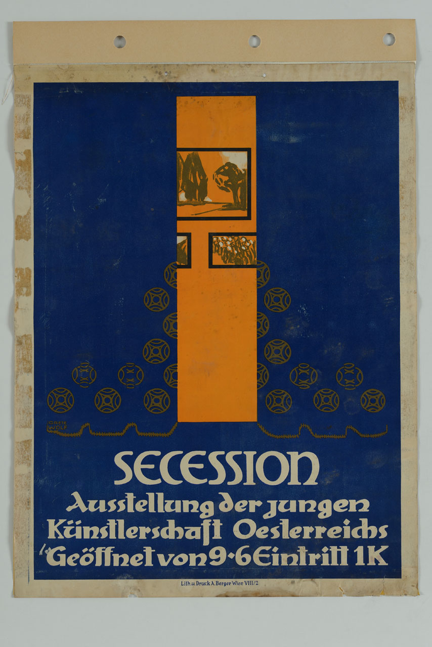 motivi decorativi circolari dorati su fondo blu con apertura su parete con dipinti (manifesto) di Wolf Grete - ambito austriaco (sec. XX)
