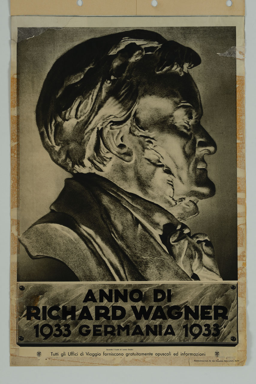 busto di profilo di Richard Wagner, scolpito da Lorenzo Gedon (manifesto) - ambito tedesco (sec. XX)
