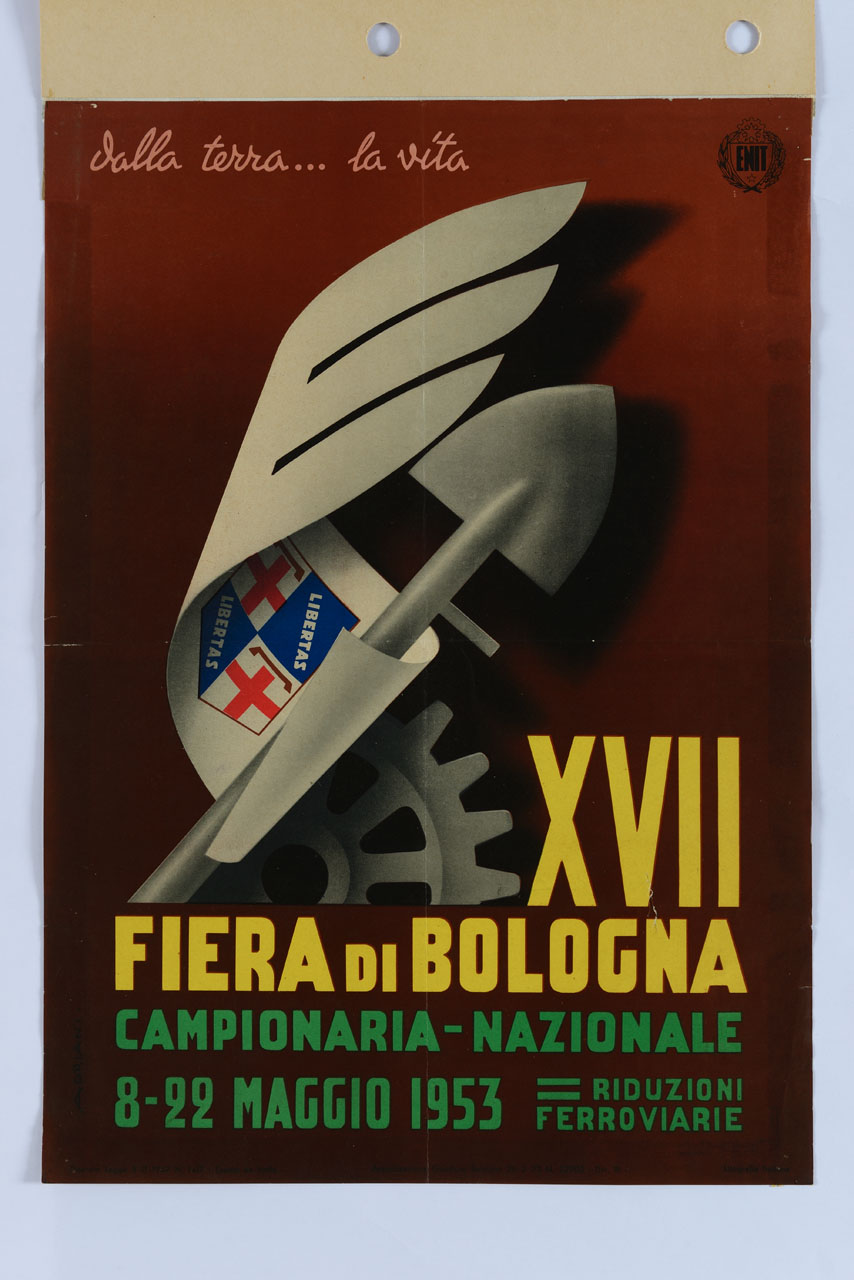ruota dentata e pala avvolta da stendardo con stemma di Bologna (manifesto) di Adriani Emidio (sec. XX)
