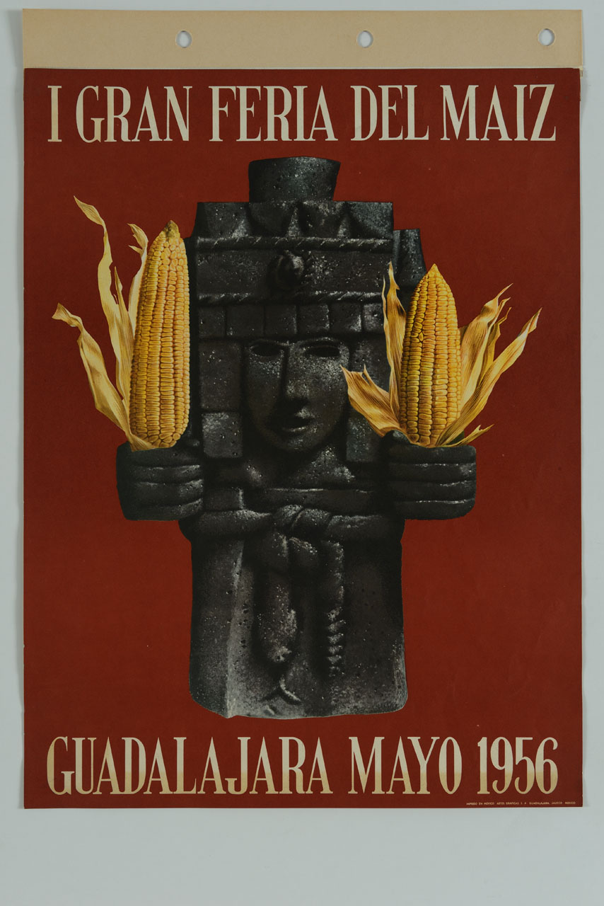 statua azteca con pannocchie (manifesto) - ambito messicano (sec. XX)